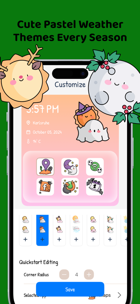 Aesthetic weather app interface featuring cute pastel themes and custom icons