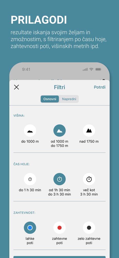 APPEAK - Customizable hiking trail search filters for difficulty and altitude in the APPEAK app