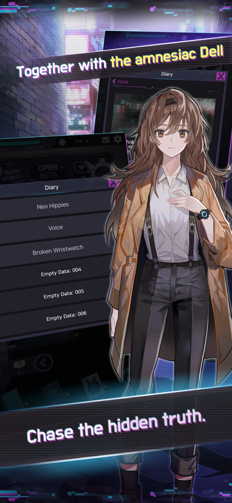 Anime character Dell in Mayday Memory with the text Together with the amnesiac Dell and Chase the hidden truth