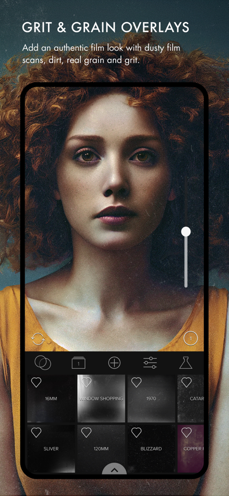 Mextures Photo Editor - A woman's portrait being edited in Mextures app using grit and grain film overlays for an authentic analog look