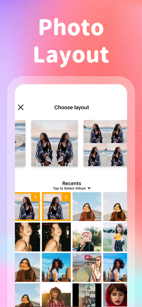 LightCam app interface displaying photo layout choices and a gallery of recent selfies