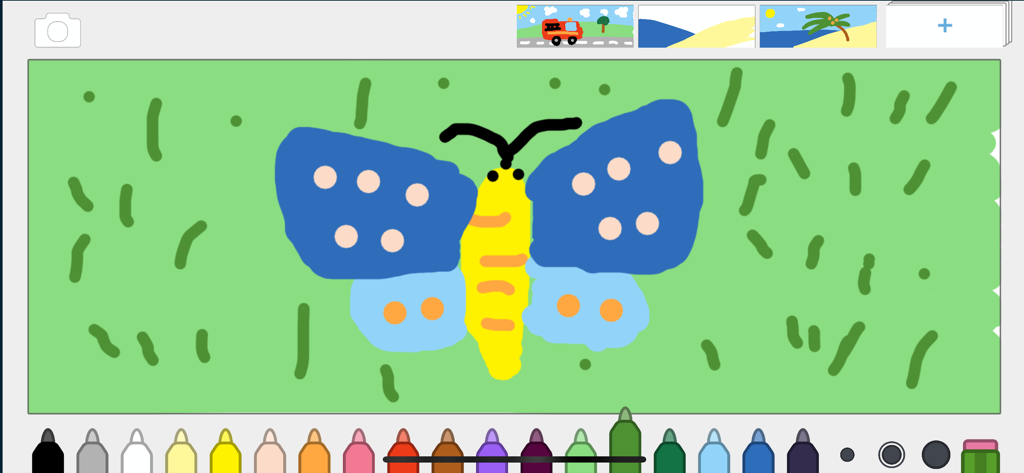 Draw and Paint for Kid Toddler - Un dibujo digital infantil de una mariposa azul y amarilla sobre un fondo verde con una paleta de colores debajo