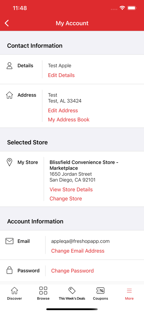 Freshop Groceries - Freshop Groceries app account screen showing contact information and selected local store