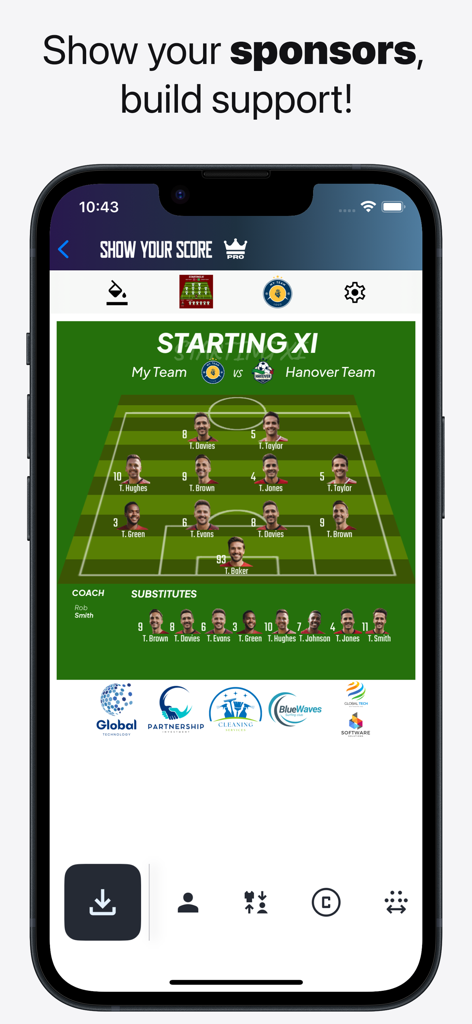 Show Your Score - モバイルアプリ上のプロのスポンサーロゴ付きサッカー先発イレブングラフィック