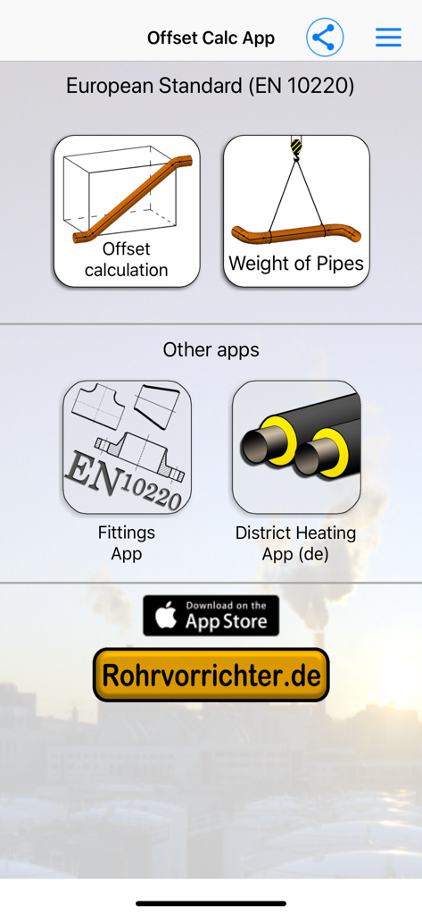 Offset Calc App - Main dashboard of Offset Calc App featuring calculation tools for industrial pipe construction