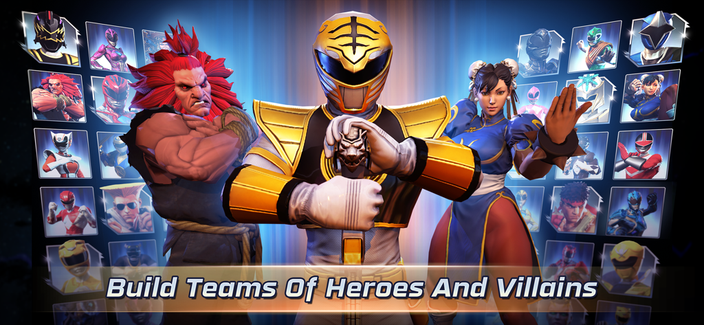White Ranger Akuma and Chun Li on the character selection screen with text Build Teams Of Heroes And Villains