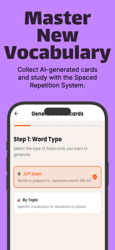 Interfaz para generar tarjetas de vocabulario en japonés con opciones de niveles de examen JLPT y temas específicos.