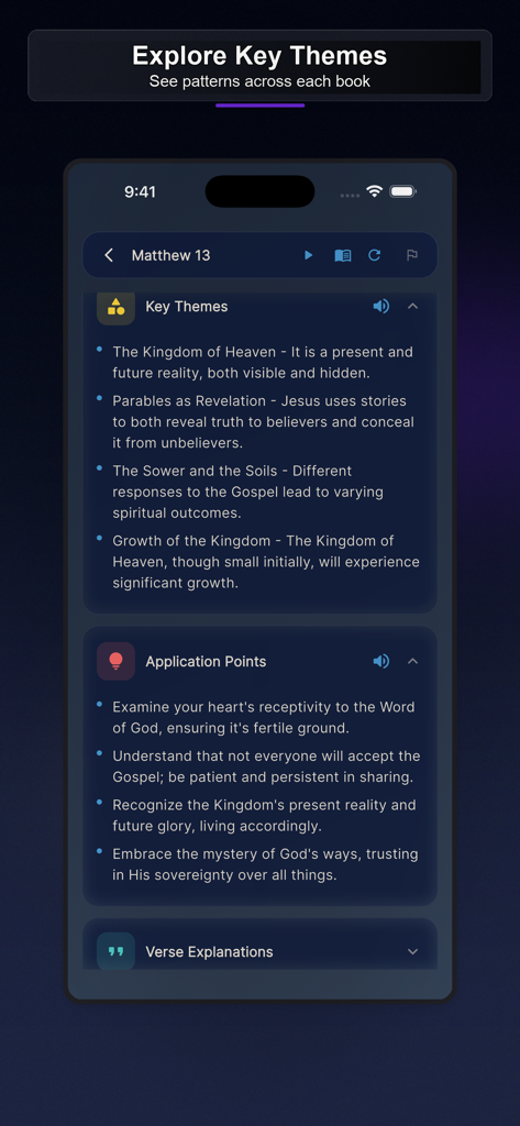 WWJD: Bible Study Companion - Interfaz de la aplicación WWJD que muestra temas bíblicos clave y puntos de aplicación para Mateo 13.