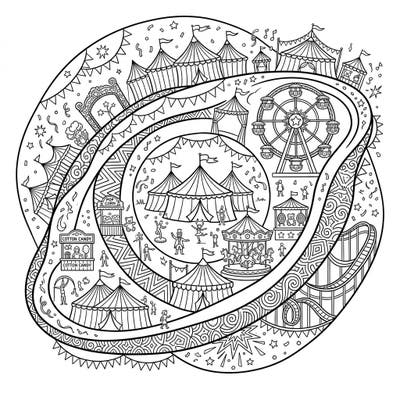 Prepare for an extraordinary coloring experience as the celestial beauty of the Helix Nebula meets the thrilling energy of a carnival. This intricate design invites you to bring cosmic fun and circus spectacle to life with your favorite colors.