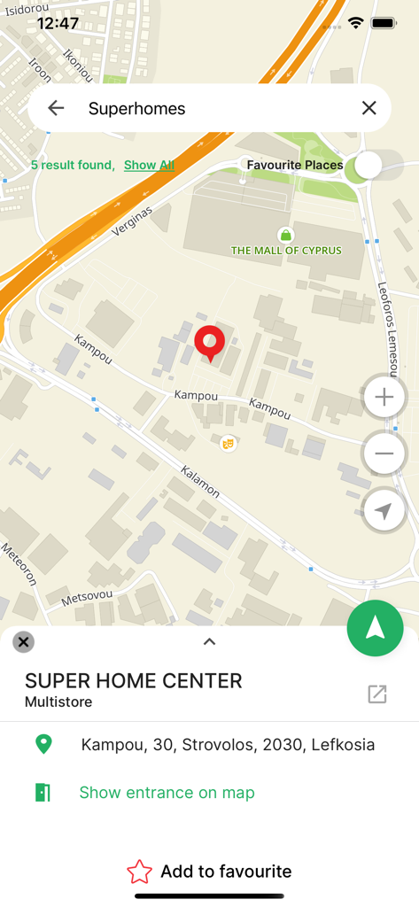 NaviCY - NaviCY map screen showing search results and location details for a store in Nicosia Cyprus