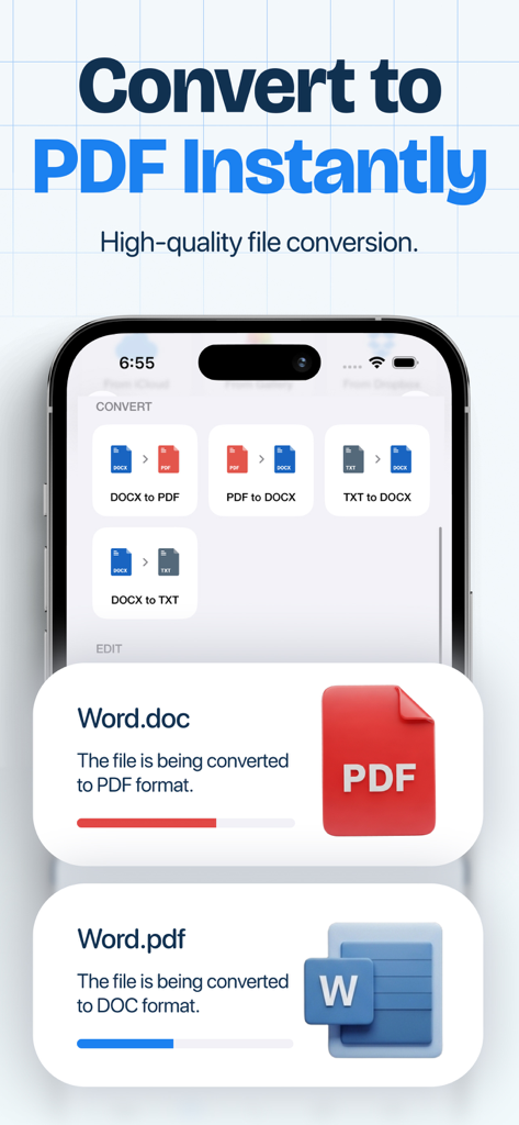 A mobile app interface showing various file conversion options including Word to PDF and PDF to DOCX with progress indicators