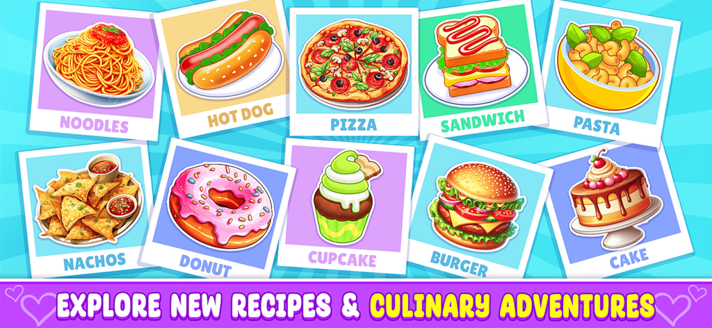 Fast Food - Cooking Game - A colorful grid of fast food recipes like pizza, burger, donut, and cake in a cooking simulation game for kids.