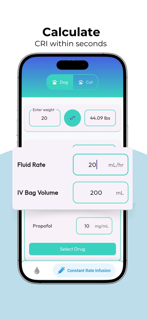 Vetifi - Vetifi mobile app interface showing a Constant Rate Infusion calculator for veterinary use.