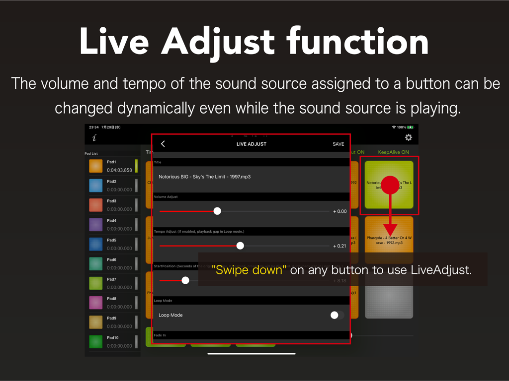 SoundPad Pro Max Live Adjust-Oberfläche mit Lautstärke- und Tempo-Schiebereglern für die Echtzeit-Audiosteuerung.