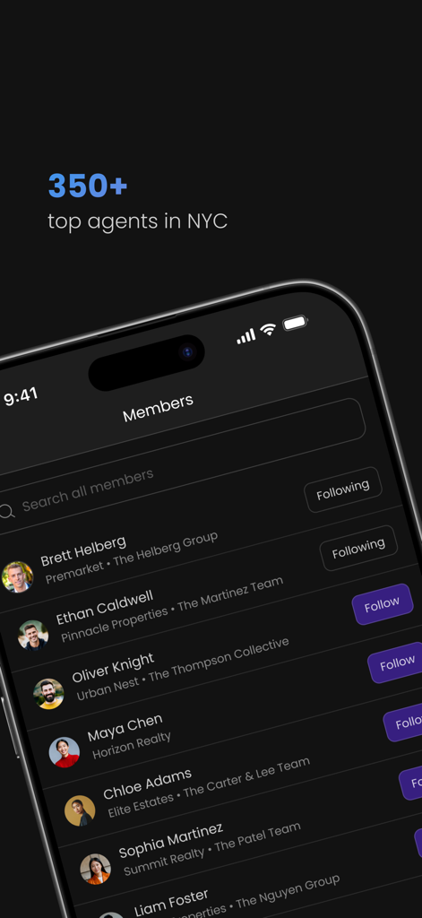 Annuaire des meilleurs agents immobiliers de New York dans l'application mobile Premarket