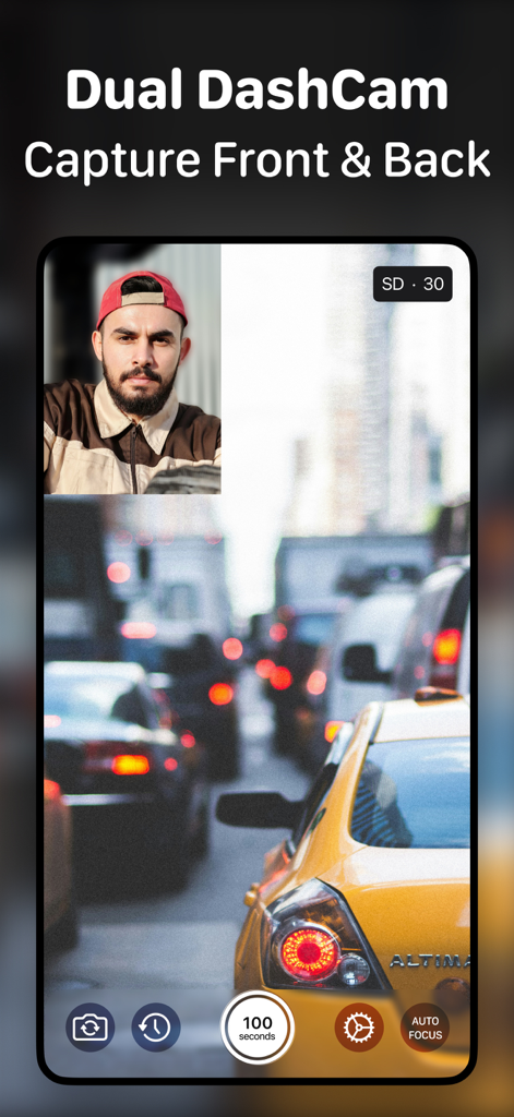 Video Buffer Action Camera - Video Buffer app interface showing dual dashcam mode recording front and back views simultaneously