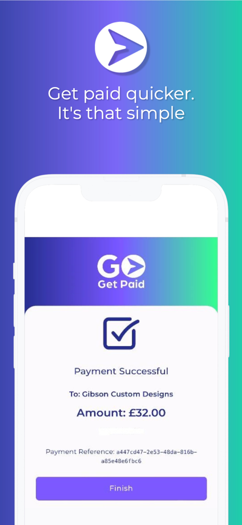 Successful payment confirmation screen on the Go Get Paid mobile app.