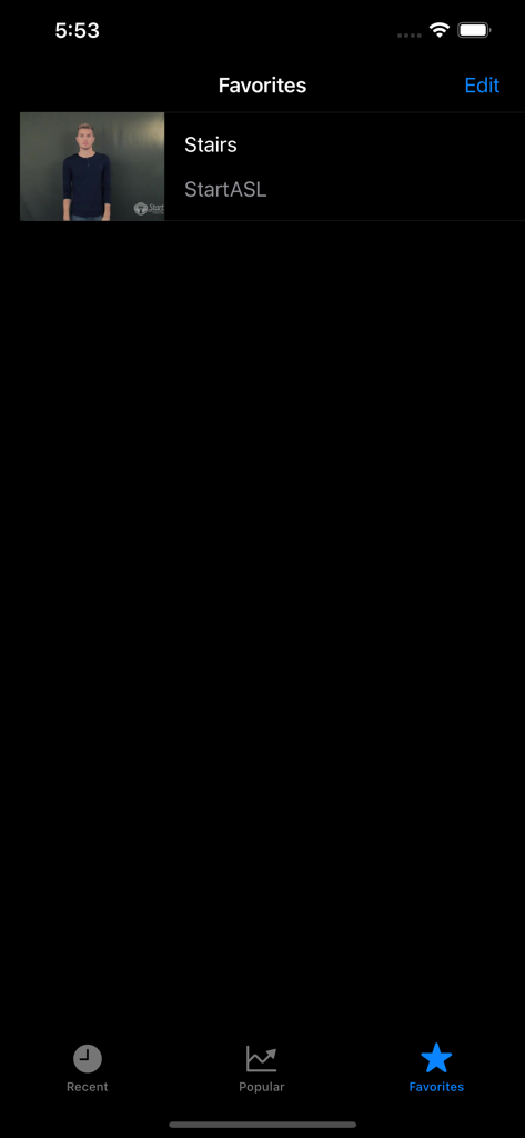 Sign ASL - Tela de Favoritos no aplicativo Sign ASL mostrando um vídeo salvo para o sinal Escadas