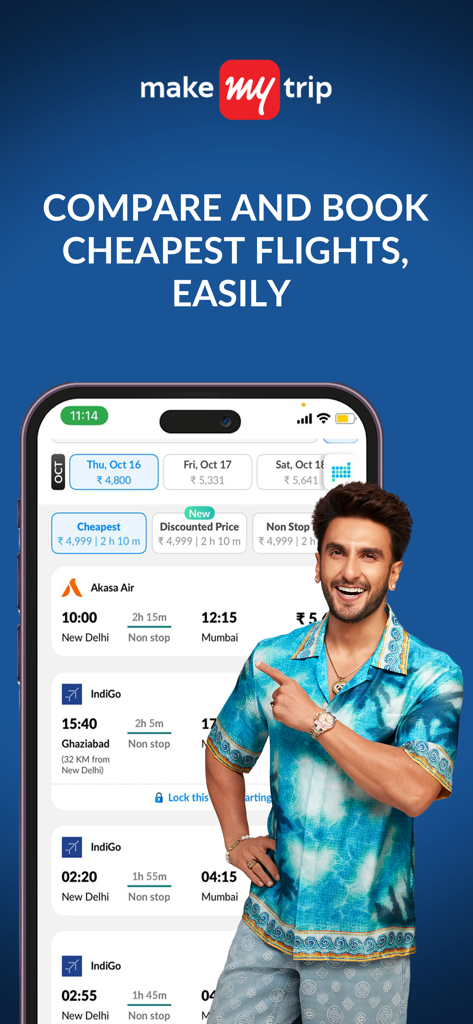 Interface do aplicativo MakeMyTrip mostrando os resultados de busca de voos mais baratos em um telefone celular
