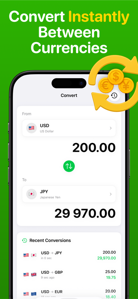 Currency Converter & Tracker - Pantalla de la aplicación móvil convertidora de divisas que muestra la conversión de USD a JPY y el historial reciente