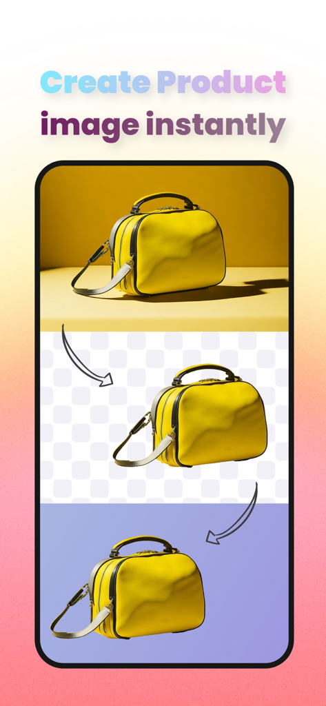 Ai Photo - Background Eraser - Step by step demonstration of background removal and replacement for a yellow handbag product image