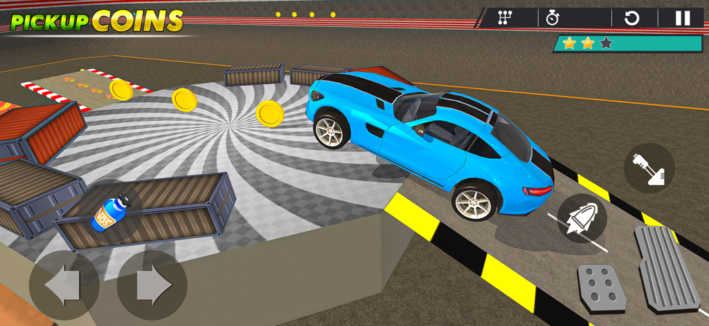 A blue sports car performing a stunt on a platform to collect coins in Crazy Car Stunts