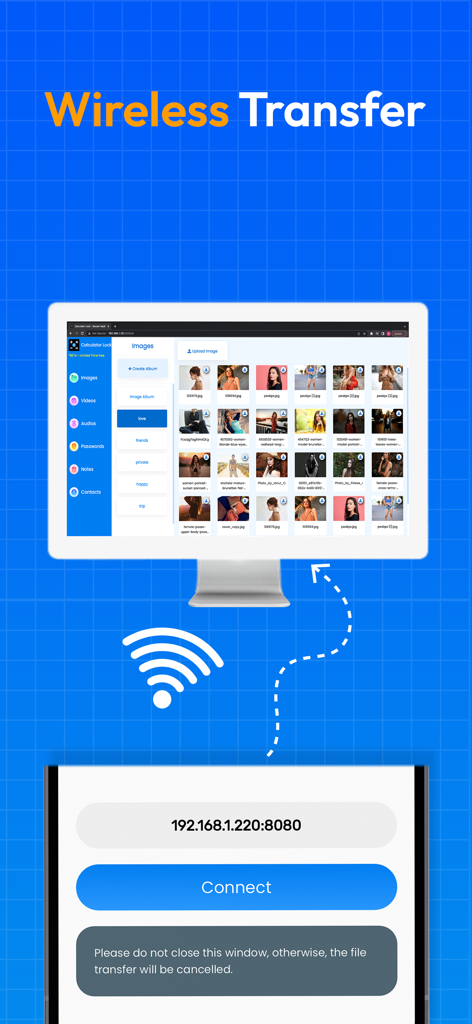 Wireless file transfer between a smartphone and a computer via the Calculator Lock secure vault