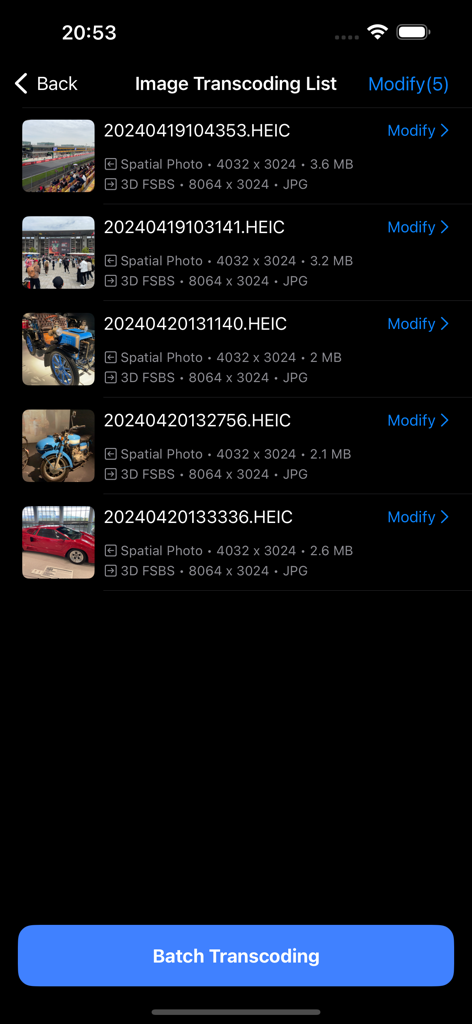 SpatialCamera - SpatialCameraアプリの画面。空間写真をXRヘッドセット用の3DサイドバイサイドSBSフォーマットに変換中の写真のリストが表示されます。