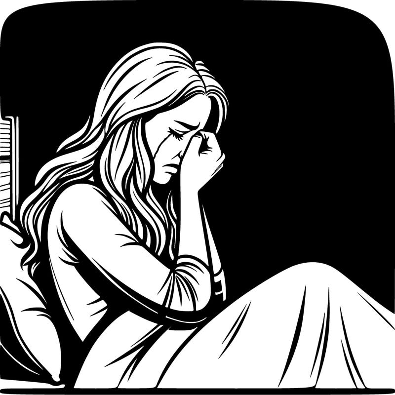 realistic woman crying in her bed in a dark room