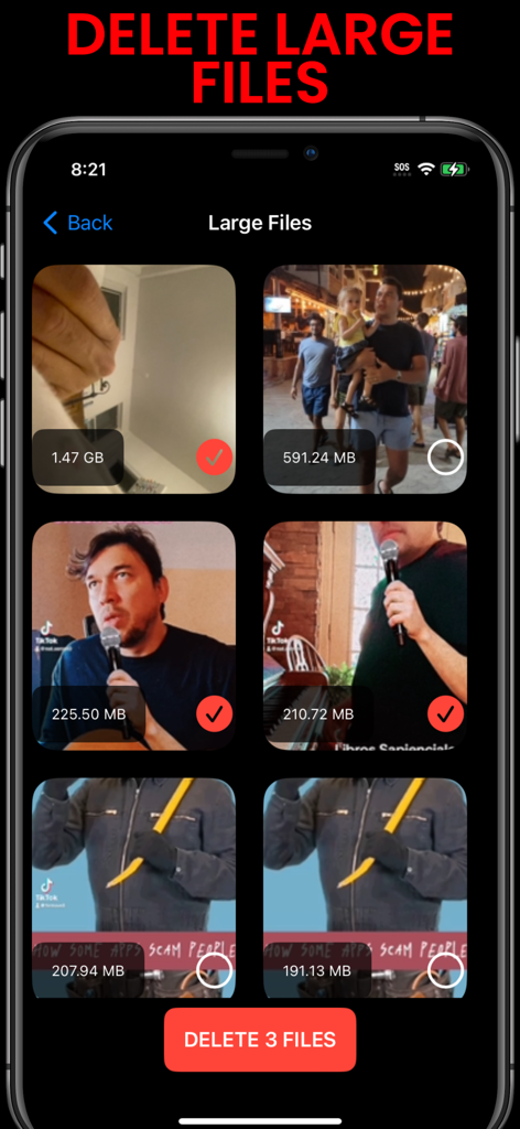 Interfaz de la aplicación PX Clean up iPhone Storage que muestra una lista de archivos de video grandes con tamaños y un botón de eliminar para liberar espacio.