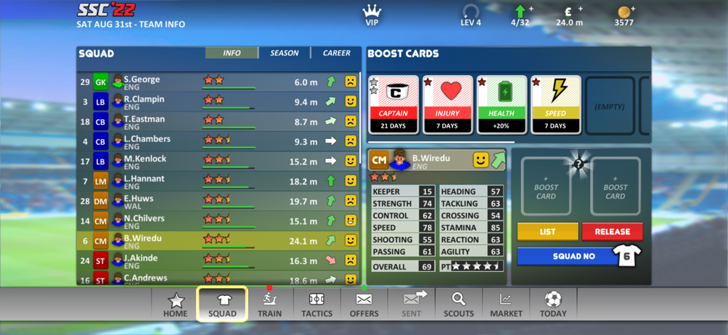 SSC '22 - Super Soccer Champs - Squad management screen in Super Soccer Champs displaying player roster and stats