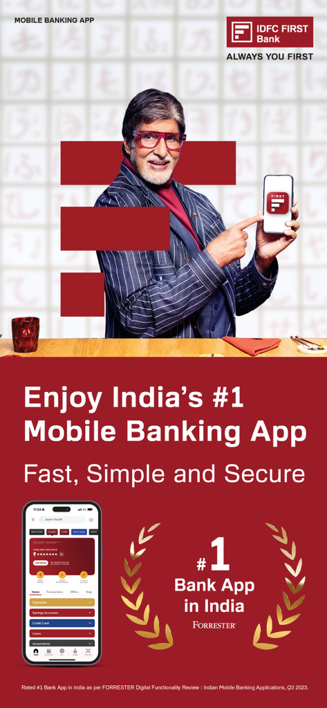 Imagem promocional do aplicativo de mobile banking IDFC FIRST Bank mostrando Amitabh Bachchan e seu ranking de destaque na Índia
