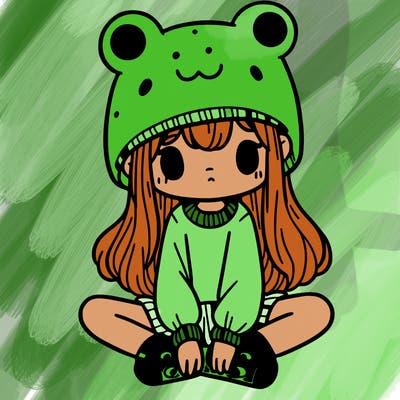a girl wearing a frog hat and some frog socks