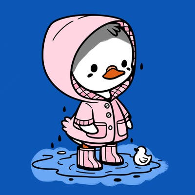 baby duck in a rain coat and boots, in a puddle while it’s raining