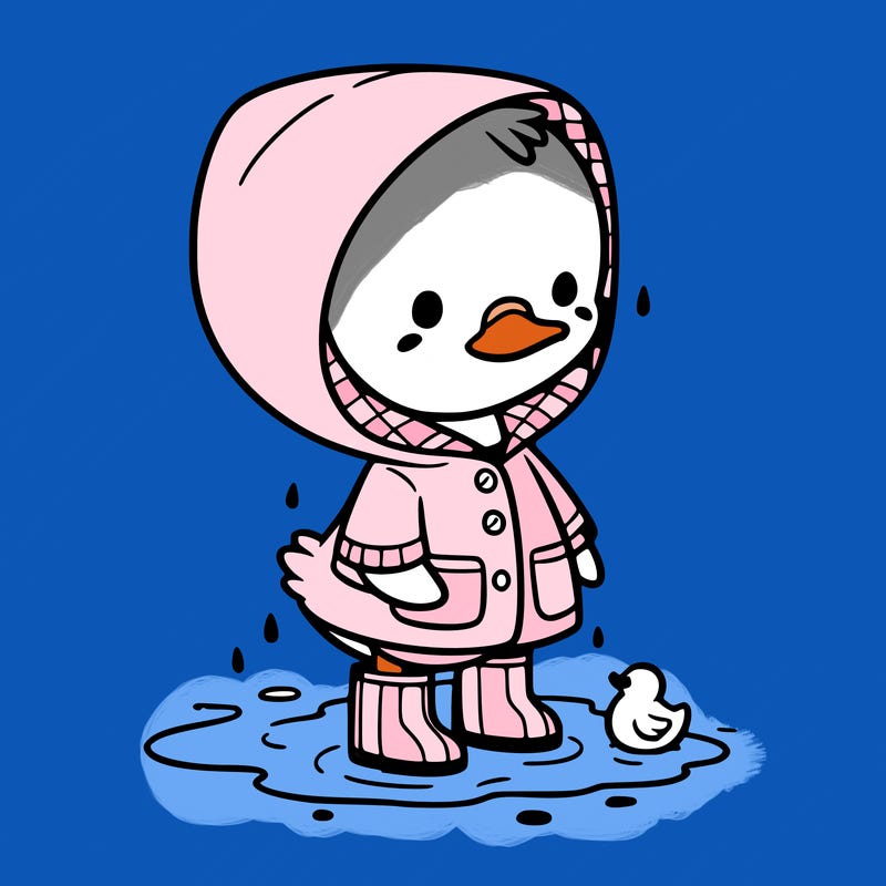 baby duck in a rain coat and boots, in a puddle while it’s raining