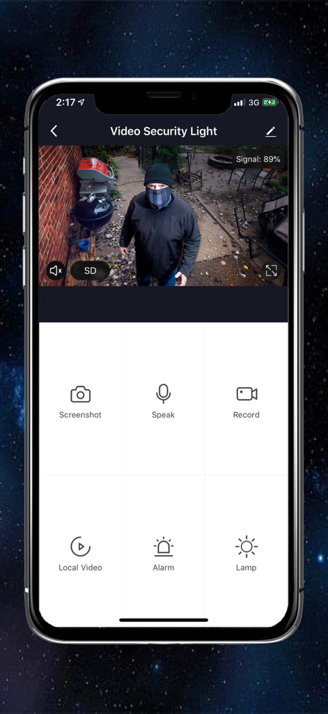 SECŪR360 app live camera feed showing a backyard security view with controls for recording and alarms