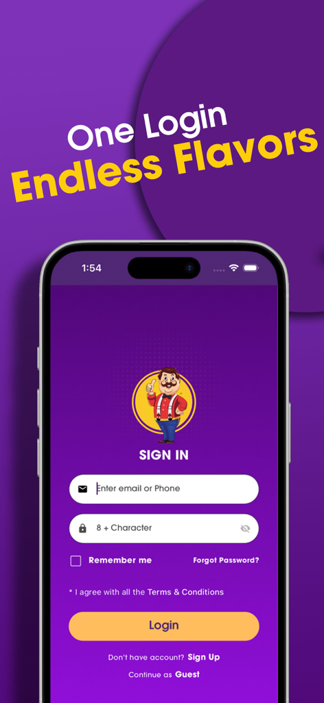 FoodPapa - FoodPapa app sign-in screen on an iPhone featuring the mascot and login fields