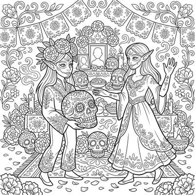 Dive into a unique fusion of fantasy and tradition with this captivating coloring page featuring graceful elves observing the Day of the Dead. Adorned with intricate sugar skulls and vibrant marigolds, this scene offers a truly magical coloring experience.