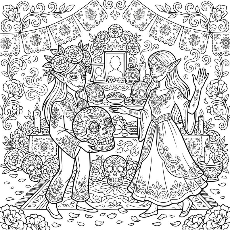 Dive into a unique fusion of fantasy and tradition with this captivating coloring page featuring graceful elves observing the Day of the Dead. Adorned with intricate sugar skulls and vibrant marigolds, this scene offers a truly magical coloring experience.