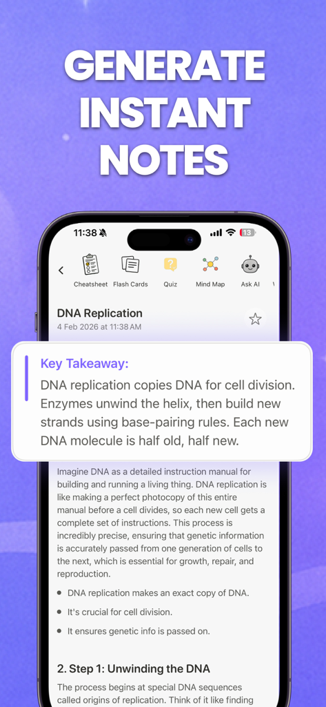 Cram Whiz app interface showing an AI-generated study guide on DNA replication with a key takeaway summary box