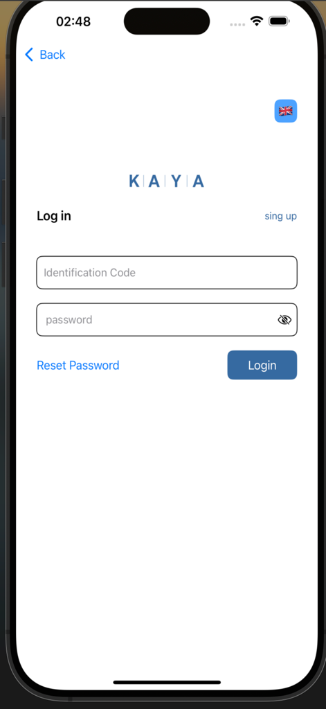 K | A | Y | A - Login screen for the KAYA technical utility app showing fields for identification code and password.