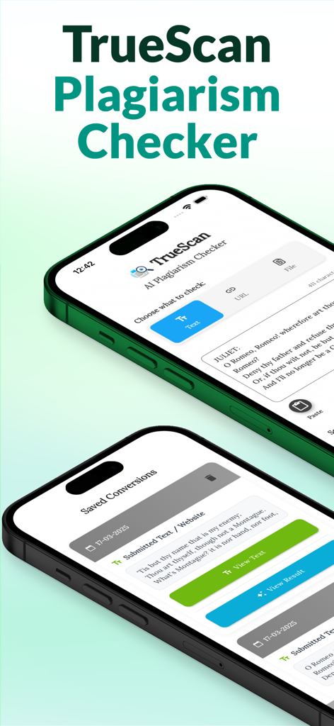 PlagScan : Plagiarism Checker - PlagScan AI plagiarism checker app on iPhone displaying text scan and history