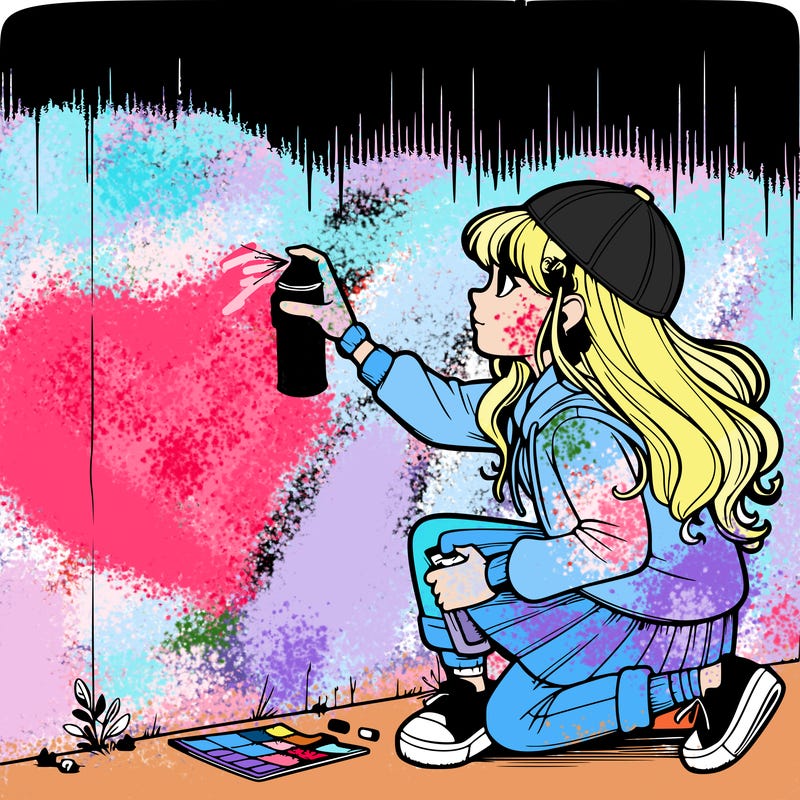 realistic girl spray panting a wall