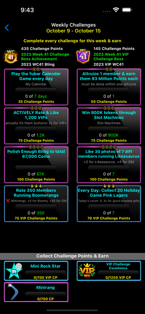 fubar 앱 인터페이스로, 소셜 게임에 대한 주간 챌린지와 보상을 보여줍니다.