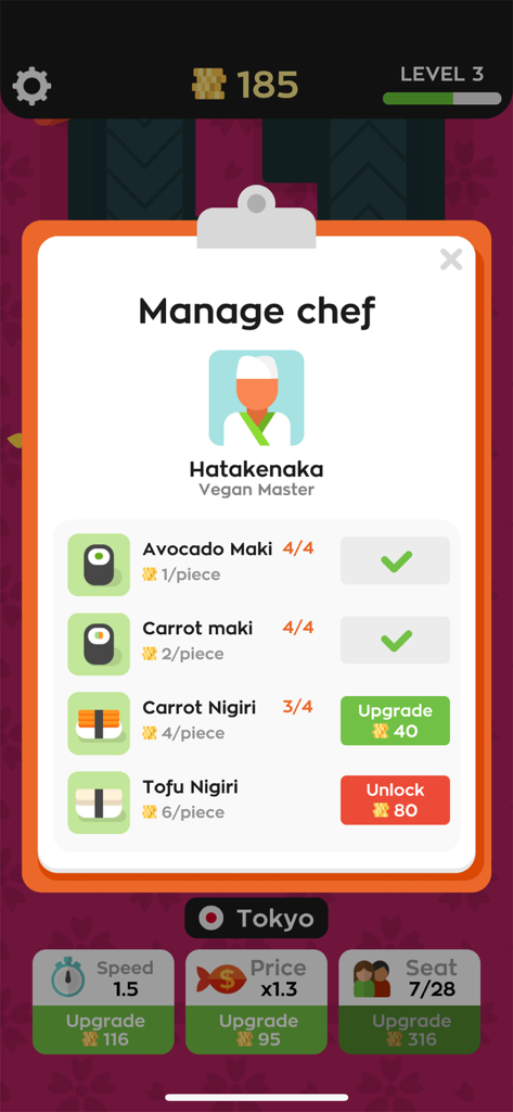 Sushi Bar Idle game screen showing the chef management menu with sushi upgrades and unlockable recipes