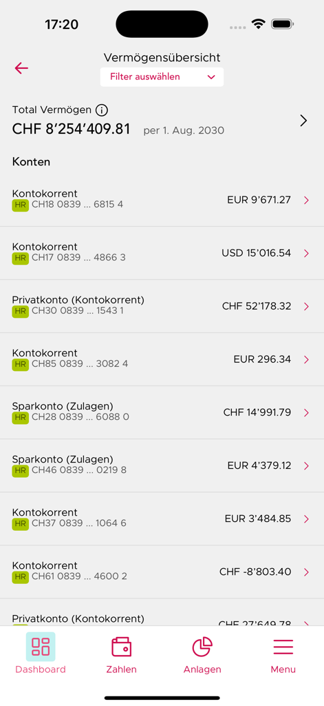 Uma interface móvel do aplicativo ABS Banking Neu exibindo a visão geral dos ativos e várias contas bancárias.