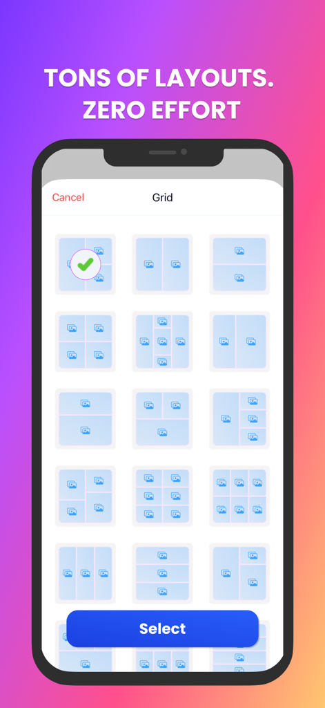 Mobile app screen showing a variety of grid layouts for creating photo collages