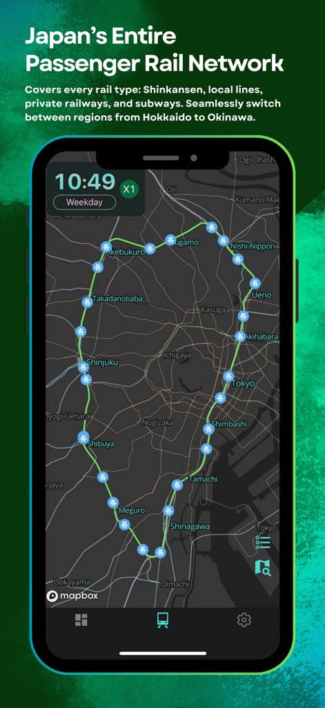 A real-time digital map of the Japanese rail network in Tokyo showing train lines and stations.