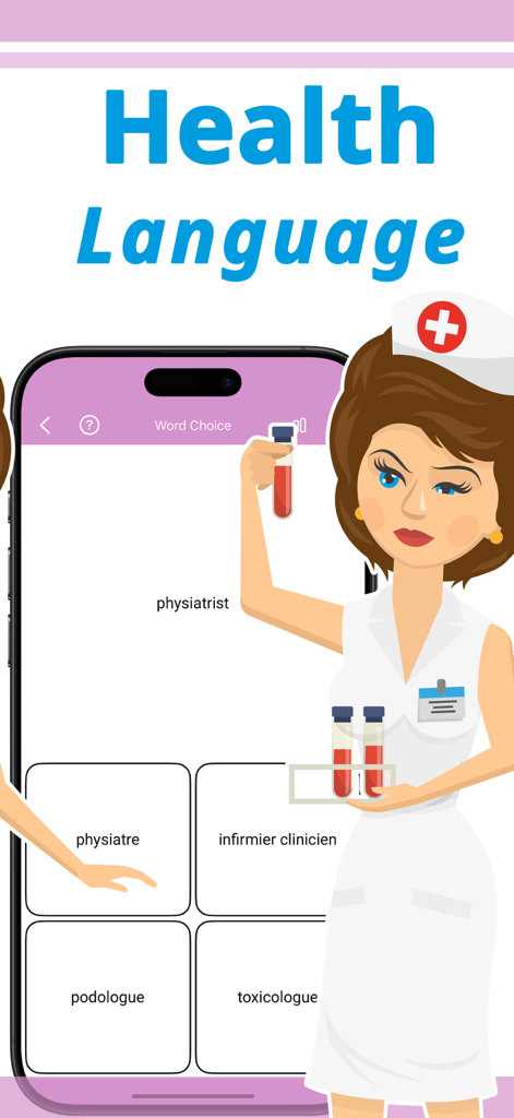 English for Nursing: Words - Una enfermera sosteniendo muestras de sangre junto a un cuestionario de vocabulario médico en la pantalla de un teléfono inteligente.