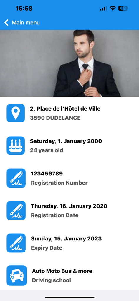 Drivelo mobile app screen displaying user profile info including registration number and driving school name